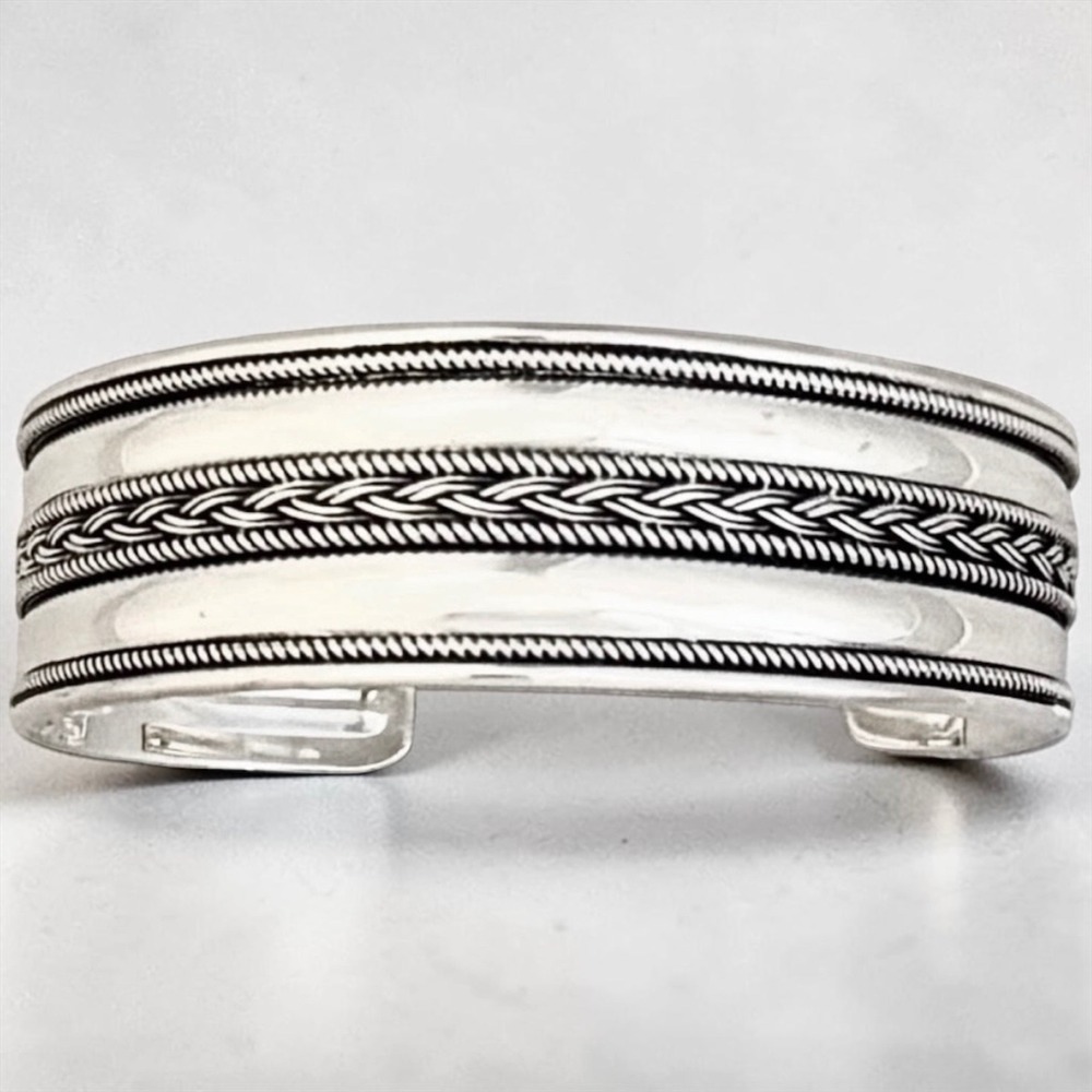 BA Suarti Sterling Silver Open Cuff Bracelet Bali Braided Rope Wide 21.8g